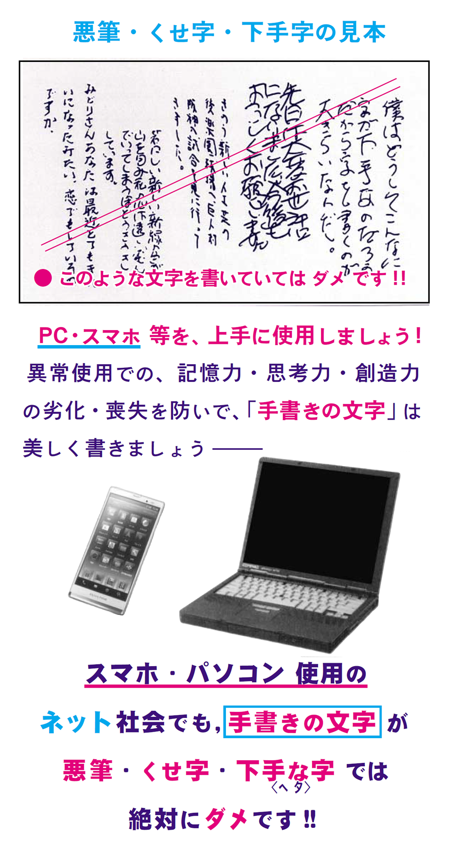 画像：悪筆・クセ字・下手字の見本。パソコン・スマホは上手に使いましょう。異常使用での記憶力・思考力・創造力の劣化を防いで、手書き文字は美しく書きましょう。スマホ・パソコン使用のネット社会でも、手書きの文字が悪筆・クセ字・下手な字では、絶対にダメです、ソンです。