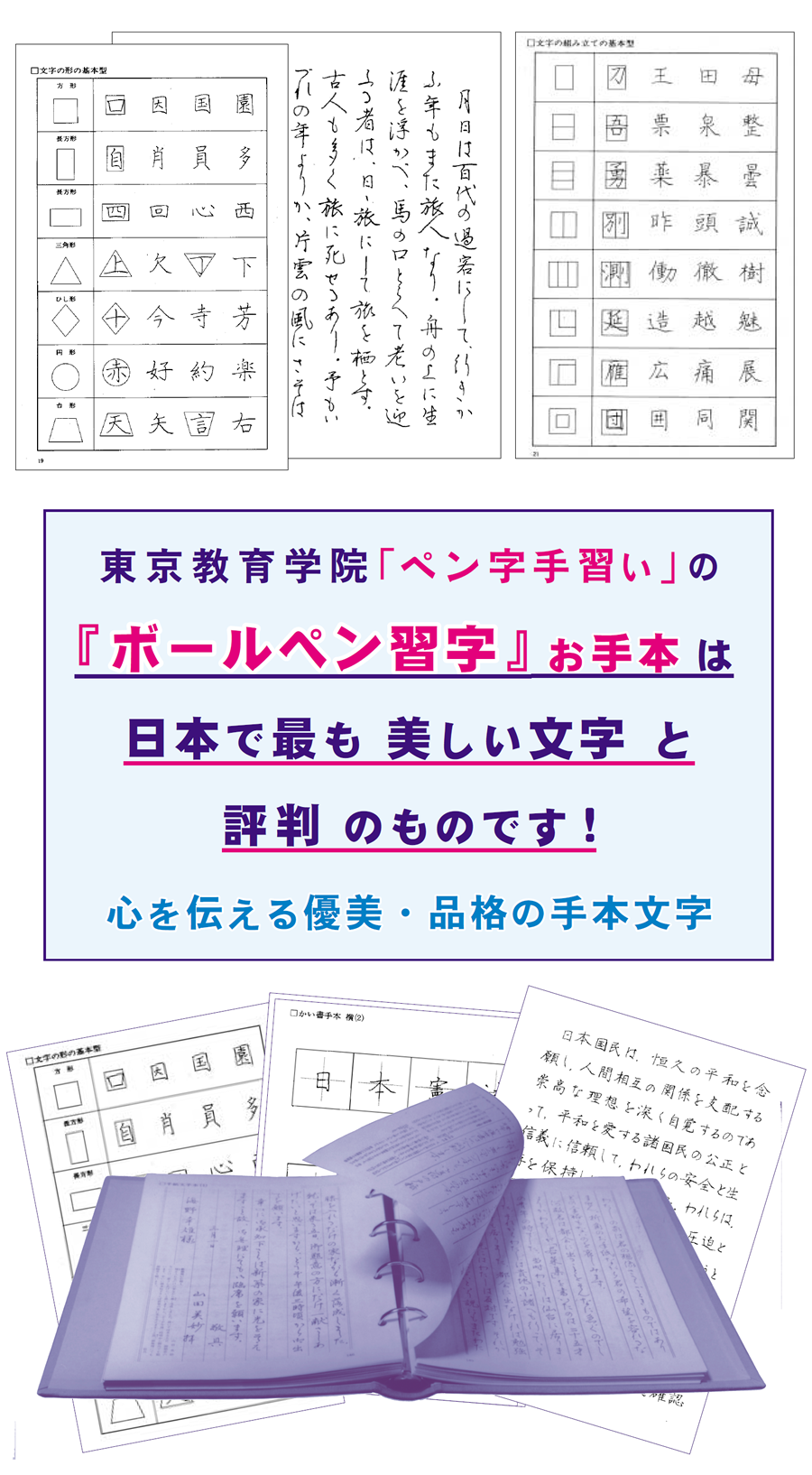 画像：東京教育学院のボールペン習字、ペン字手習いのお手本は日本で最も美しい文字と評判のものです。心を伝える優美・品格の手本です。