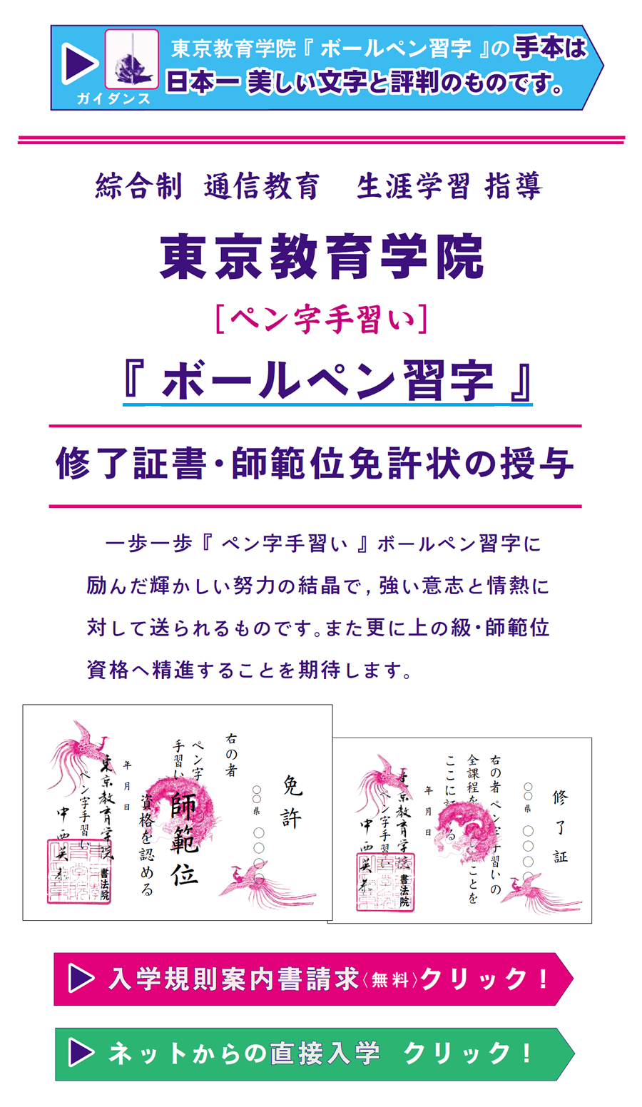 画像：東京教育学院　通信教育　生涯学習指導　ペン字手習い　ボールペン習字　修了証書・師範委免許状の授与　一歩一歩ペン字手習い、ボールペン習字に励んだ輝かしい努力の結晶で、強い意志と情熱に対して贈られるものです。また更に上の級・師範位資格へ精進することを期待します。